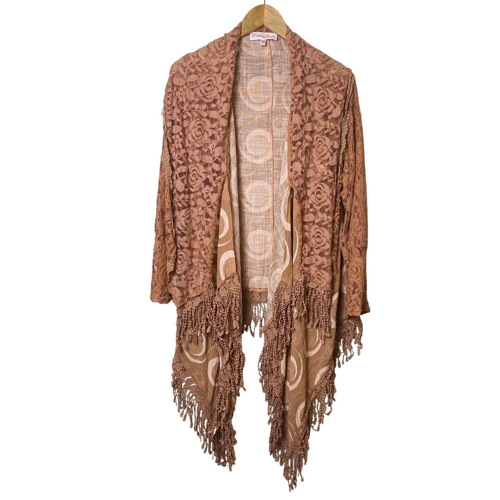 Pretty Angels Linen Blend Floral Lace Kimono Waterfall Boho Cardigan Small/Med